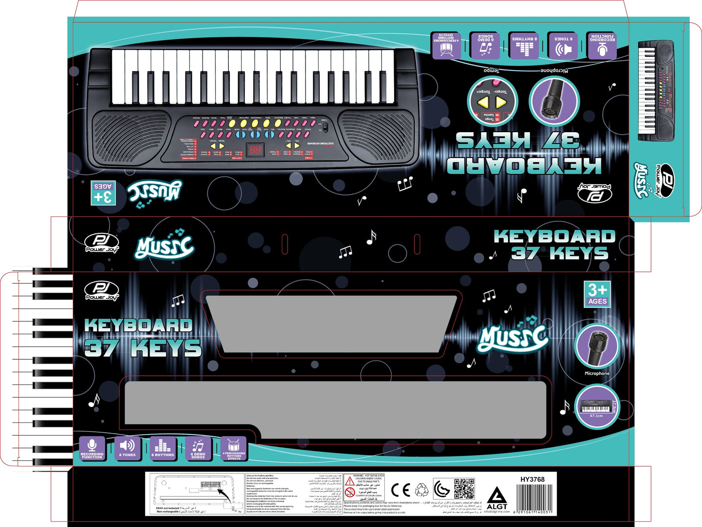 Power Joy Music Keyboard 37 keys with Mic Battery Operated